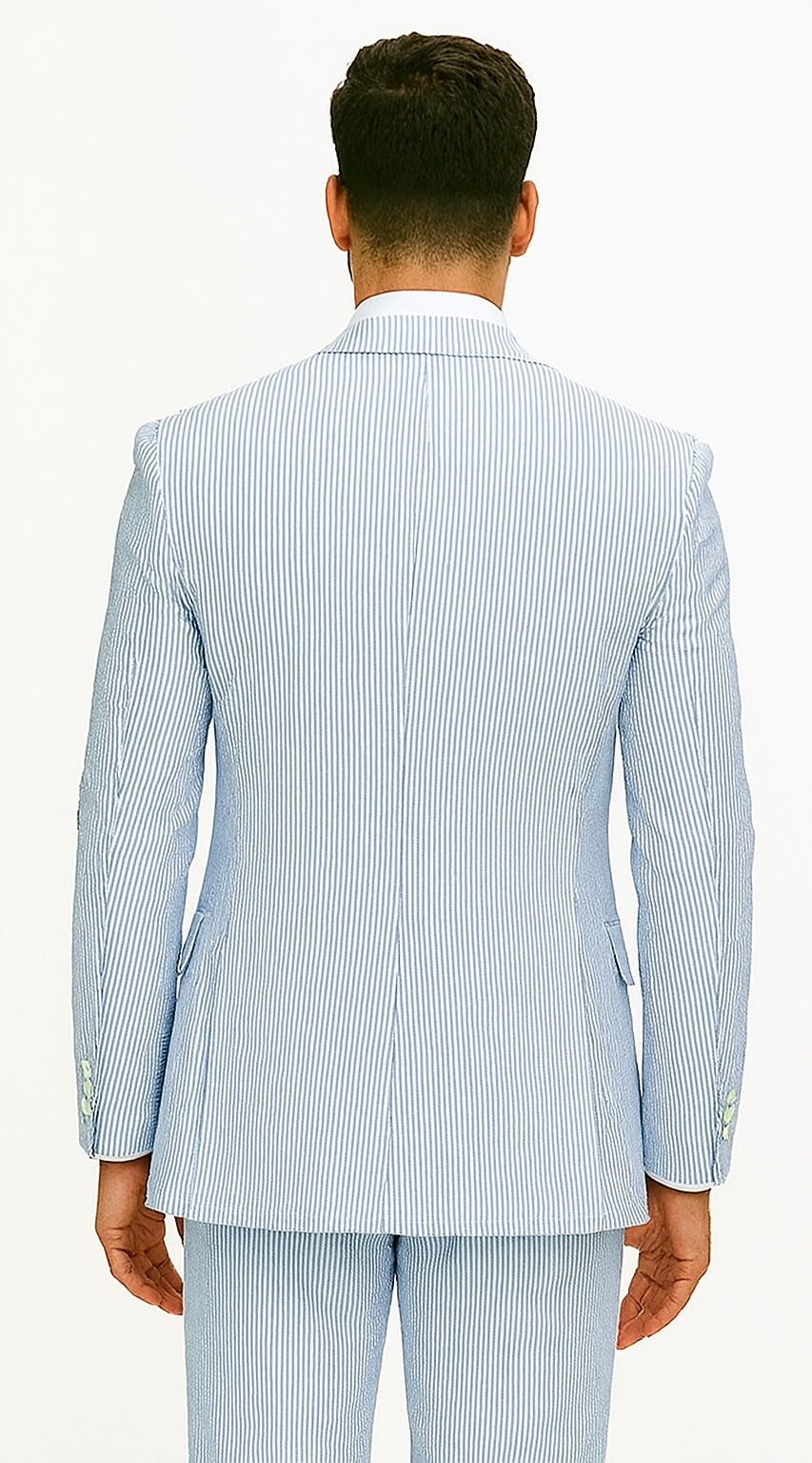 Fortino Landi Seersucker Summer Suit w/Vest - Blue 2-Btn