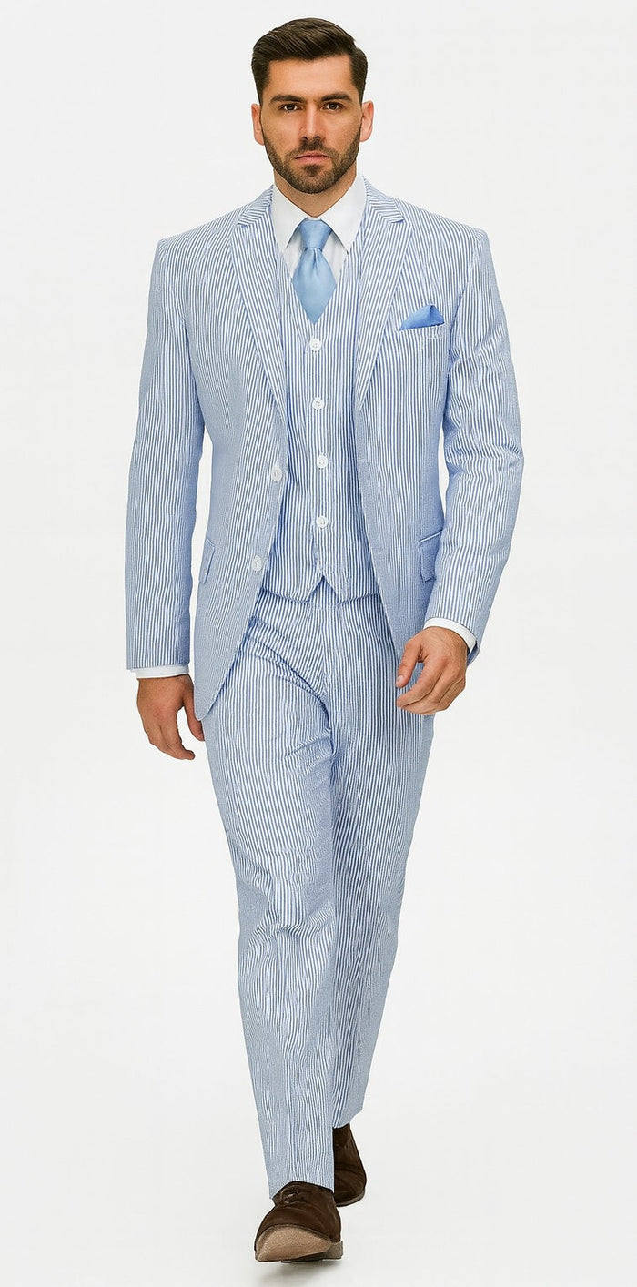 Fortino Landi Seersucker Summer Suit w/Vest - Blue 2-Btn