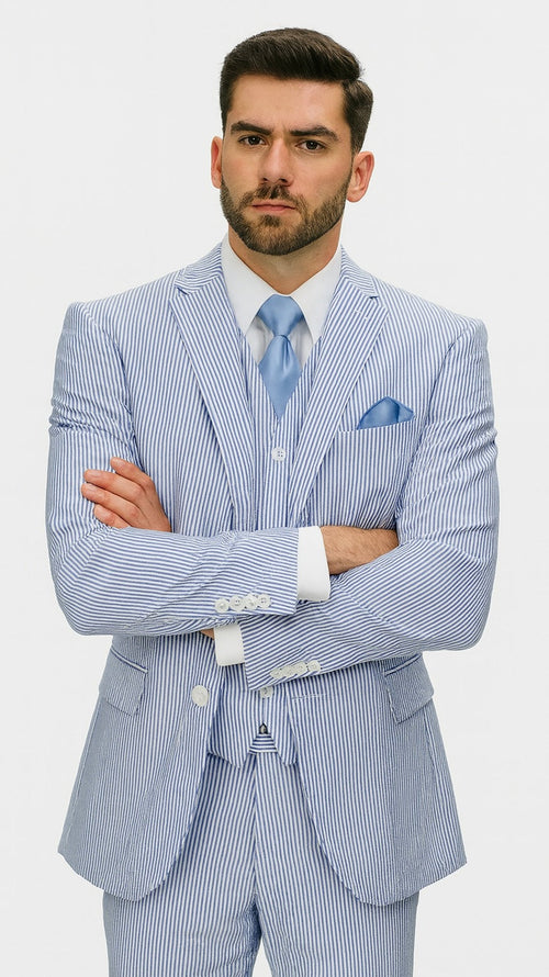 Fortino Landi Seersucker Summer Suit w/Vest - Blue 2-Btn