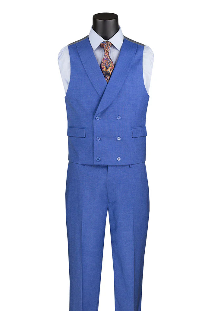 French Blue Modern Fit 3-Piece Suit with Lapel Vest & Adjustable Pants by Vinci