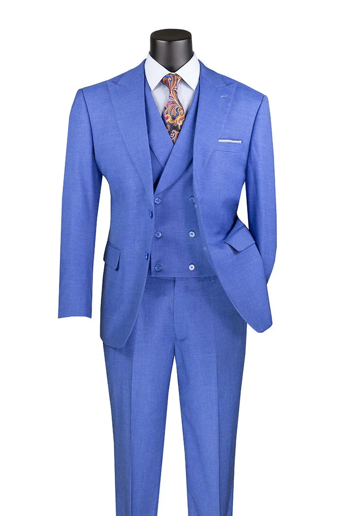 French Blue Modern Fit 3-Piece Suit with Lapel Vest & Adjustable Pants by Vinci