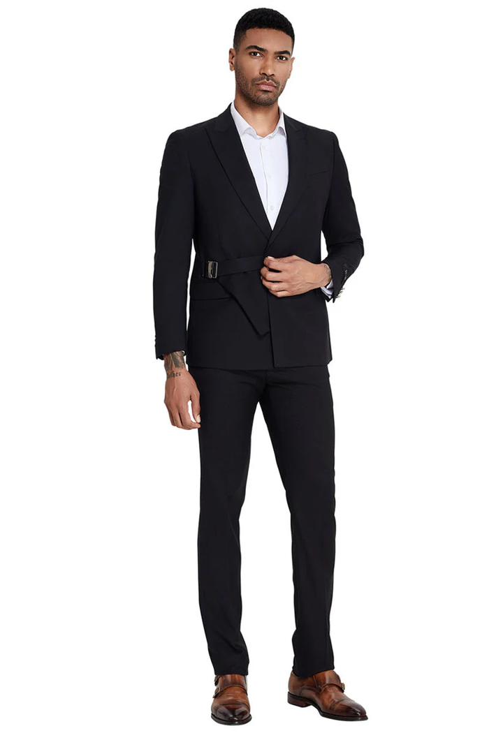 Mens French Front Peak Lapel Strapped Slim Fit Suit in Black by USA Men's Outlet