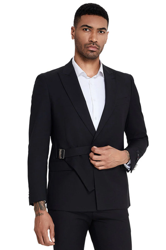 Mens French Front Peak Lapel Strapped Slim Fit Suit in Black by USA Men's Outlet