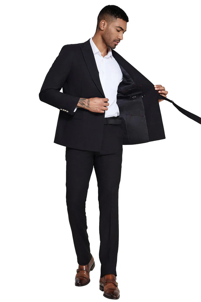 Mens French Front Peak Lapel Strapped Slim Fit Suit in Black by USA Men's Outlet