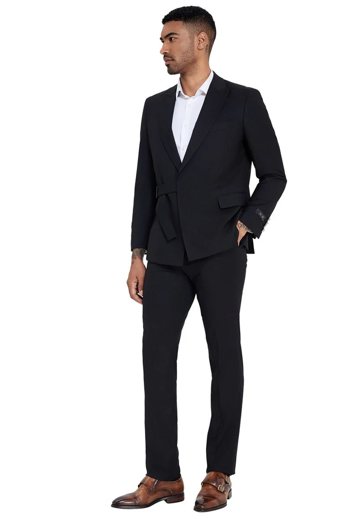 Mens French Front Peak Lapel Strapped Slim Fit Suit in Black by USA Men's Outlet