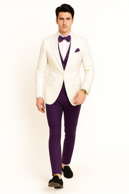 White and Purple Tuxedo Wedding Suit - White Dinner Jacket + Vest + Pants + Bow-tie