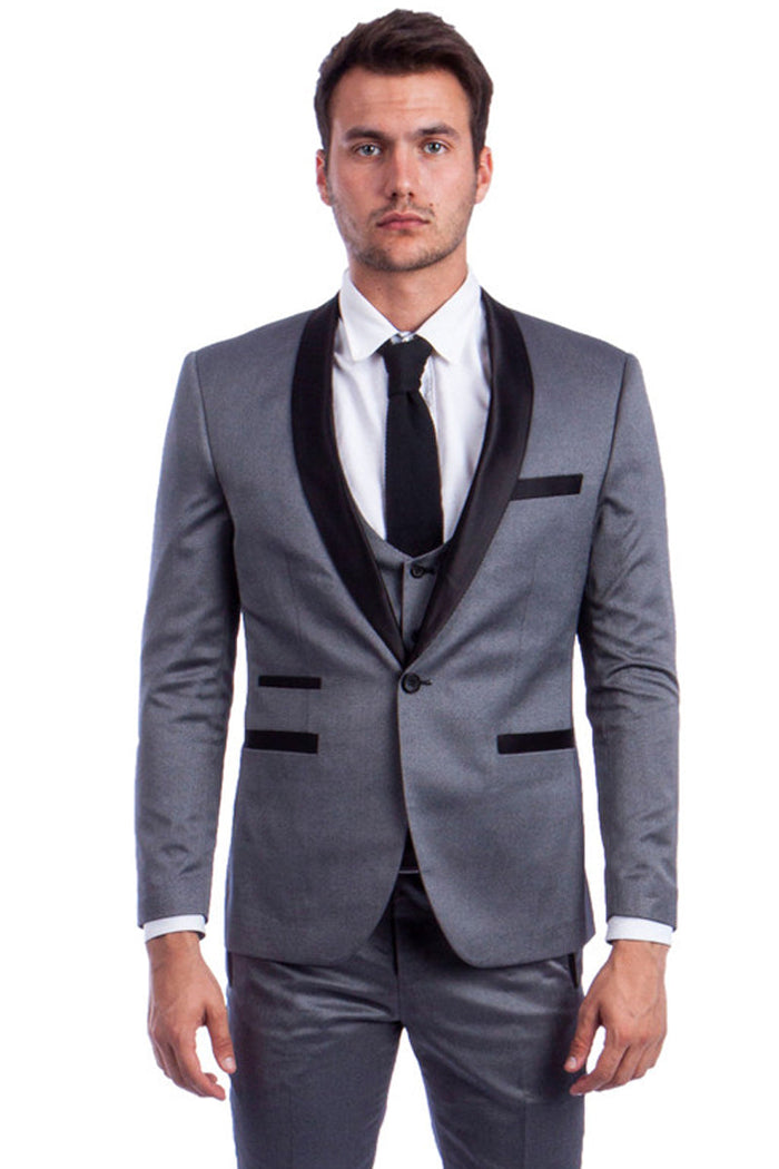 Men's Grey One Button Vested Shawl Tuxedo