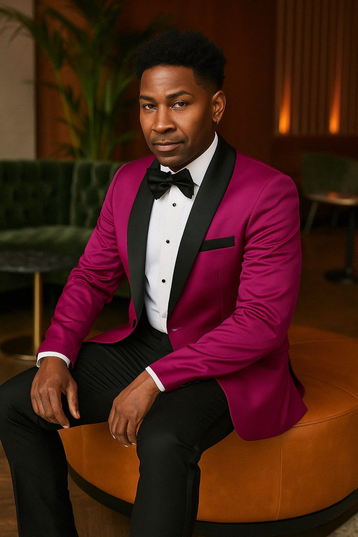 Mens Fuchsia Pink Satin Tuxedo Jacket with Black Peak Lapel - Bold Slim Fit Formal Suit by USA Men's Outlet