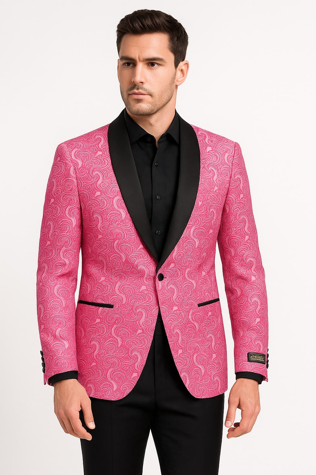 Men’s Hot Pink Tuxedo Suit With Black Pants Paisley Patter with Black Shawl Lapel - Fuchsia Color Prom Suit USA Men's Outlet