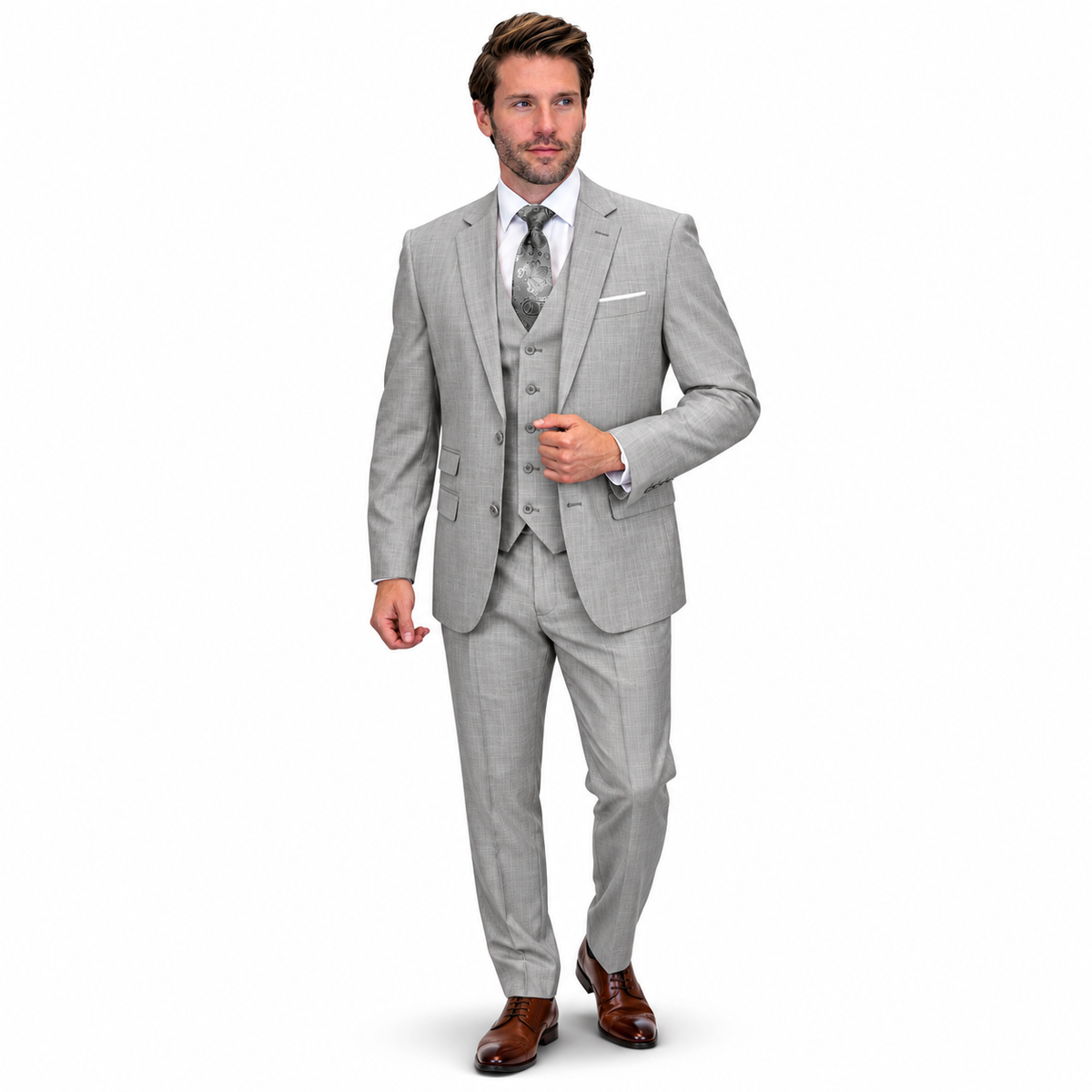 Men’s 3 Piece Sharkskin Suit with Vest - Modern Fit Gray
