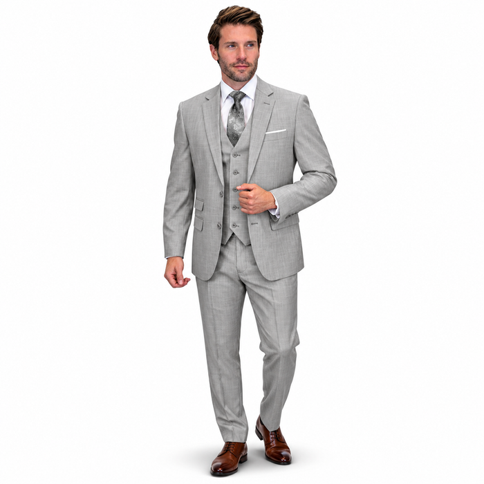 Men’s 3 Piece Sharkskin Suit with Vest - Modern Fit Gray