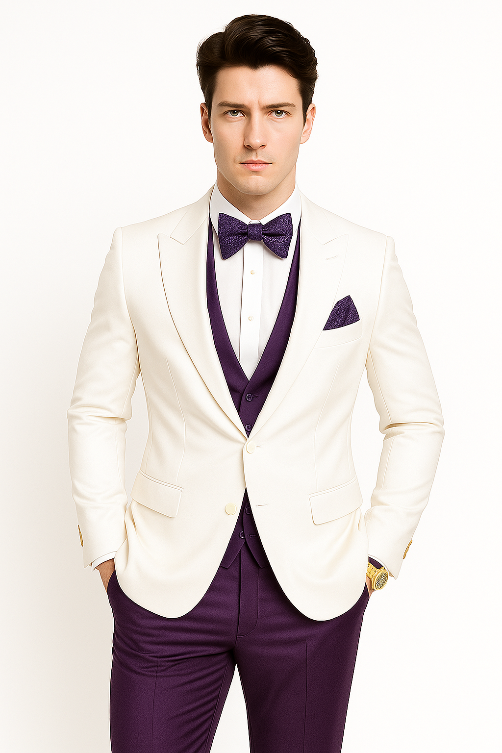 White and Purple Tuxedo Wedding Suit - White Dinner Jacket + Vest + Pants + Bow-tie