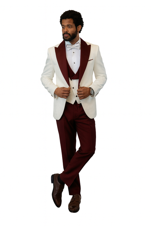 Hilton White and Burgundy Paisley Peak Lapel Tuxedo Jacket with Matching Shawl Vest and Wool Pants - Includes Bow Tie by USA Men's Outlet