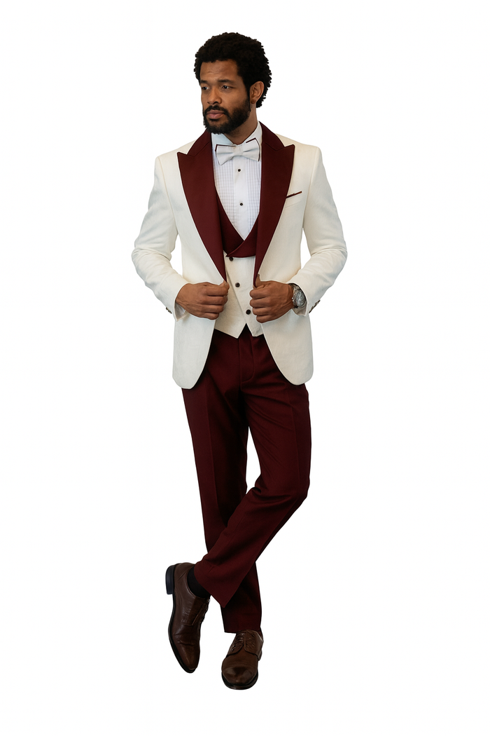 Hilton White and Burgundy Paisley Peak Lapel Tuxedo Jacket with Matching Shawl Vest and Wool Pants - Includes Bow Tie by USA Men's Outlet