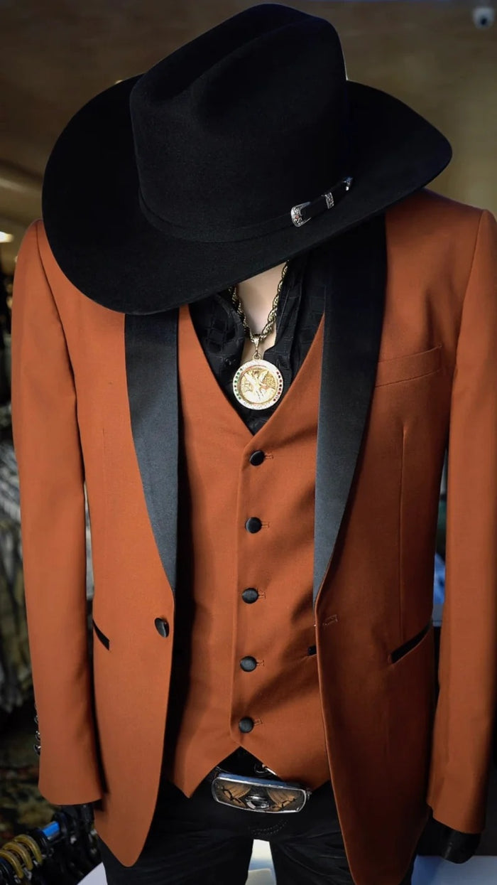 Mens Rust Copper Western 3-Piece Suit – Cowboy Tuxedo with Black Shawl Lapel