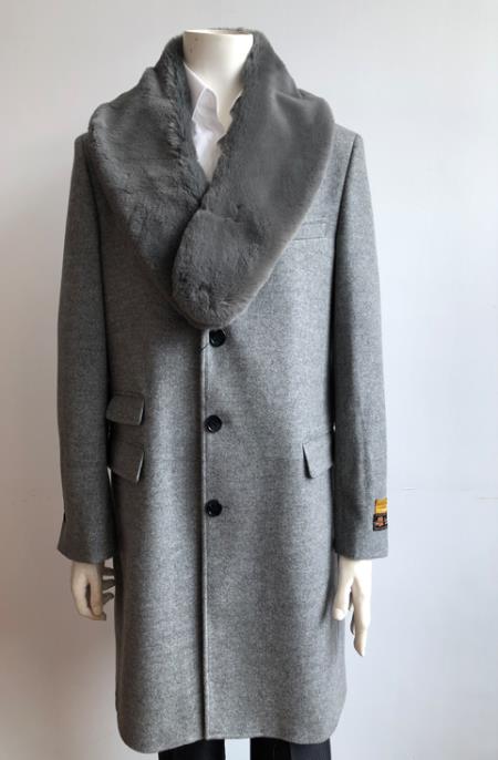 Men's Light Gray Fur Collar Two Flap Front Pockets Full Length Men's Men's Carcoat - Car Coat Mid Length Three Quarter Length Coat USA Men's Outlet