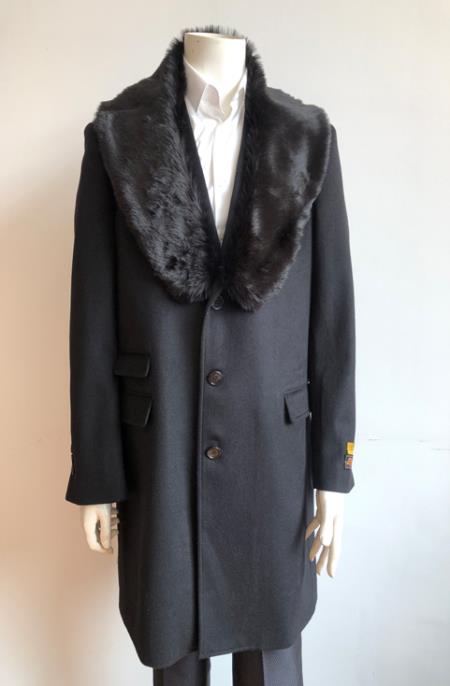 Men's Black Fur Collar Two Flap Front Pockets Full Length Men's Carcoat - Car Coat Mid Length Three Quarter Length Coat USA Men's Outlet
