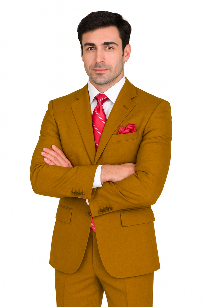 Mens 3 Button Classic Fit Poplin Suit in Tan by Fortino Landiin