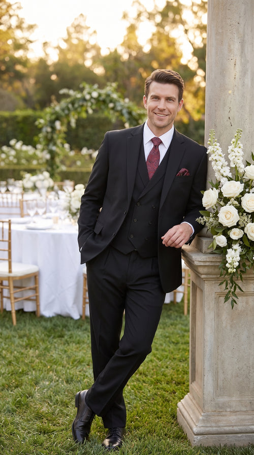 Men’s Black 2 Button Suit with Double Breasted Vest, Pleated Pant Formal Wedding Business Suit