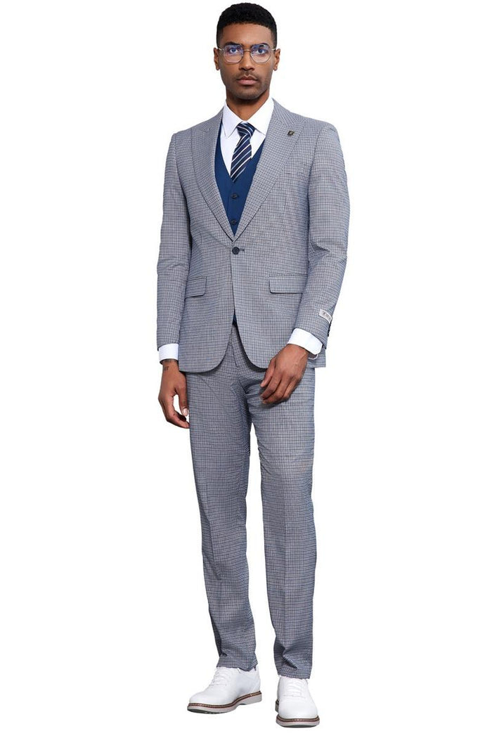 Men's Stacy Adams One Button Peak Lapel Vested Micro Check in Light Blue with a French Blue Vest