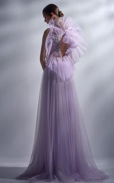Gaby Charbachy G1284 Lilac Asymmetrical Glitter A-Line Gown by MNM Couture