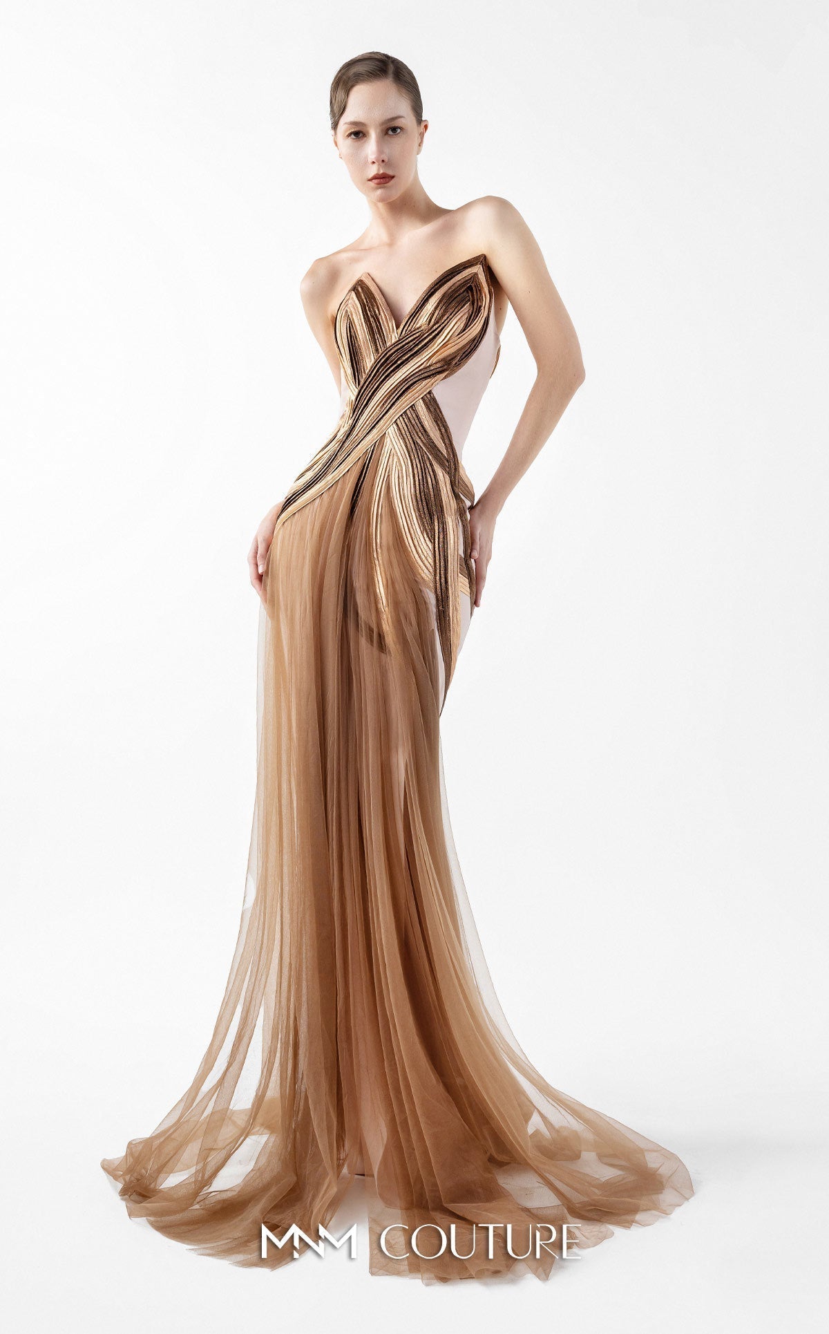 Gaby Charbachy G2038 Off-Shoulder Bronze Couture Gown by MNM Couture – SuitUSA