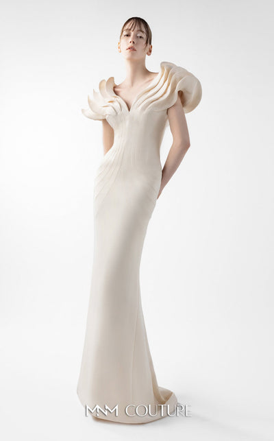 Gaby Charbachy G2039 Cream Crepe Mermaid Gown with Sculpted Sleeves by MNM Couture
