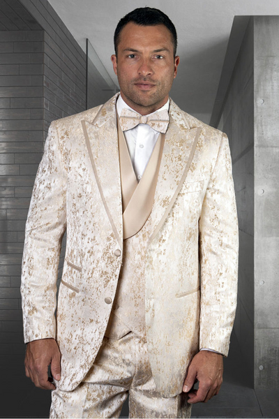 Mens Ivory Satin Floral Print Tuxedo