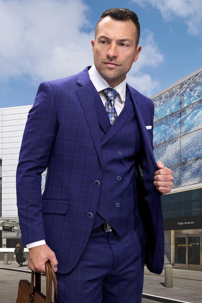 Men's Cobalt Blue Windowpane Wool Suit