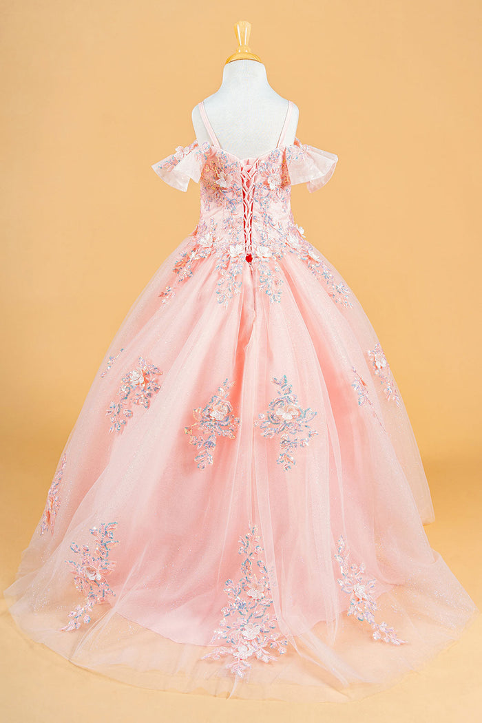 Cold Shoulder Ball Gown Tulle Flower Dress with Floral Appliqué by Elizabeth K GK120