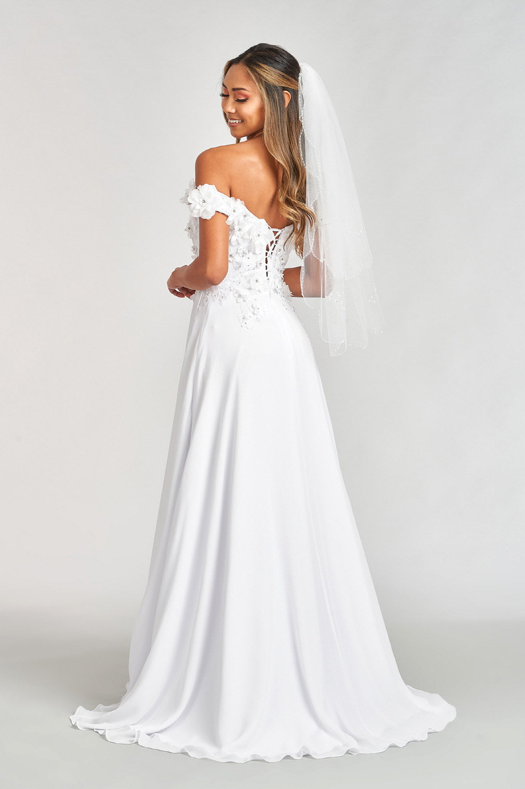 Off Shoulder Floral Chiffon Gown by Elizabeth K GL3018