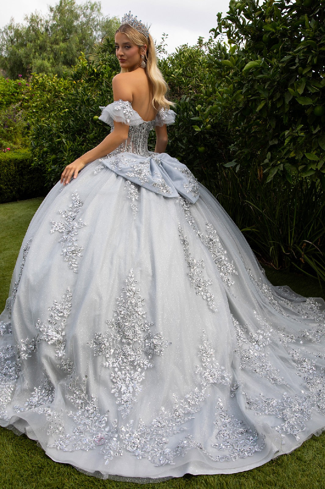 Strapless Ball Gown with Detachable Sleeves Glitter Tulle Corset Dress by Elizabeth K GL3519