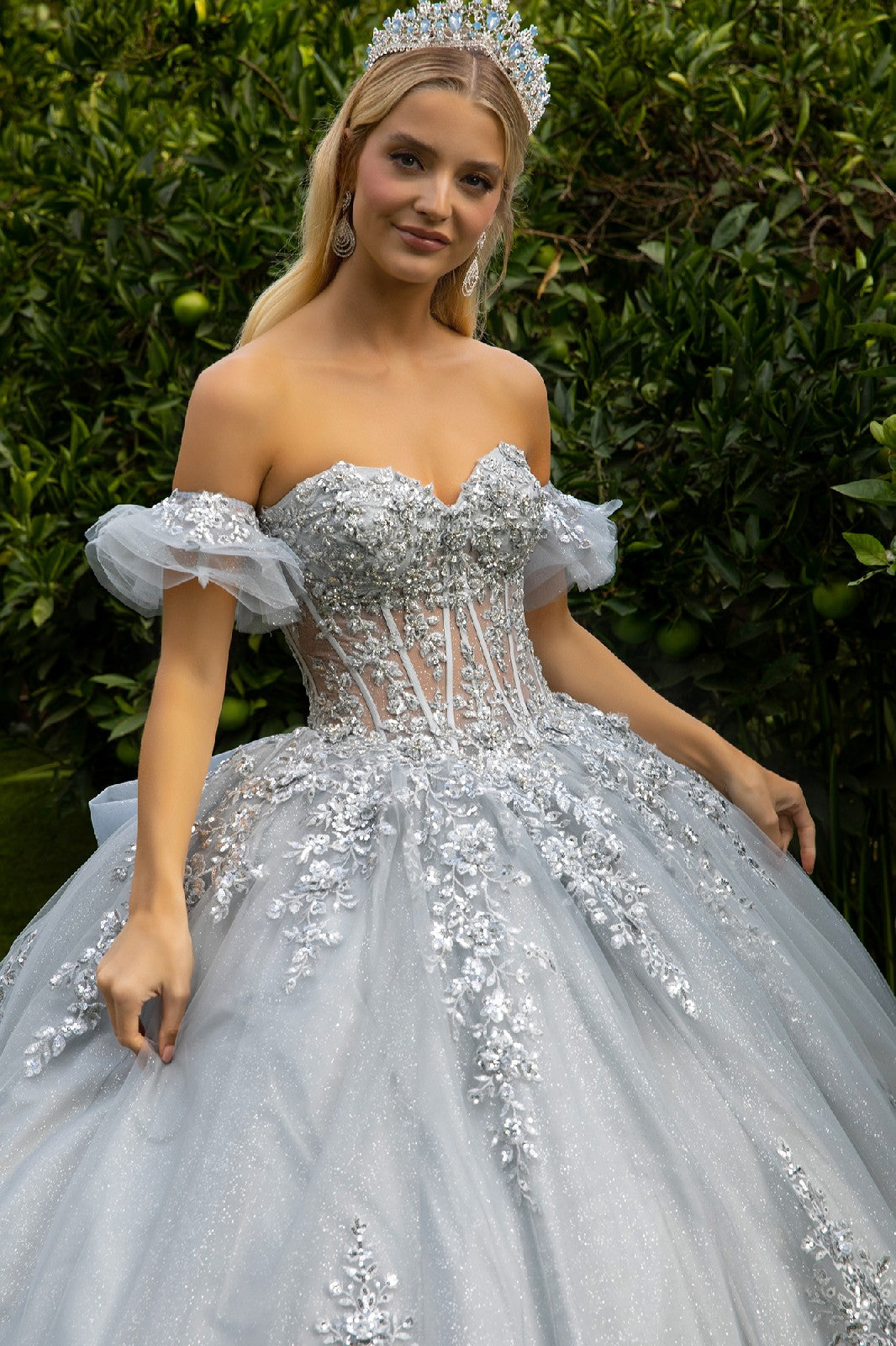 Strapless Ball Gown with Detachable Sleeves Glitter Tulle Corset Dress by Elizabeth K GL3519
