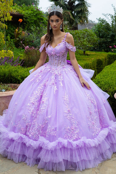 Cold Shoulders Floral Lace Quinceañera Ball Gown Glitter Tulle Princess Dress by Elizabeth K GL3520