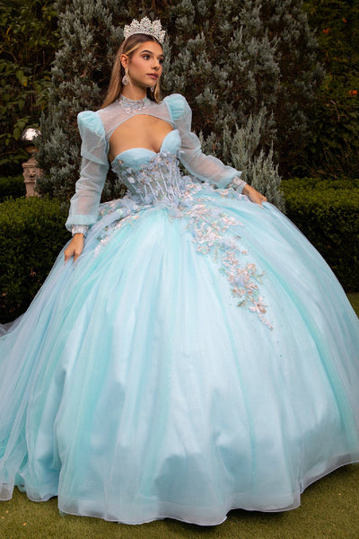 Floral Embroidered Quinceañera Ball Gown with Sheer Puff Sleeves by Elizabeth K GL3577