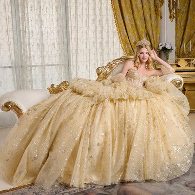Champagne Quinceanera Dress Glitter Print V-Neck Ball Gown by Elizabeth K GL3646