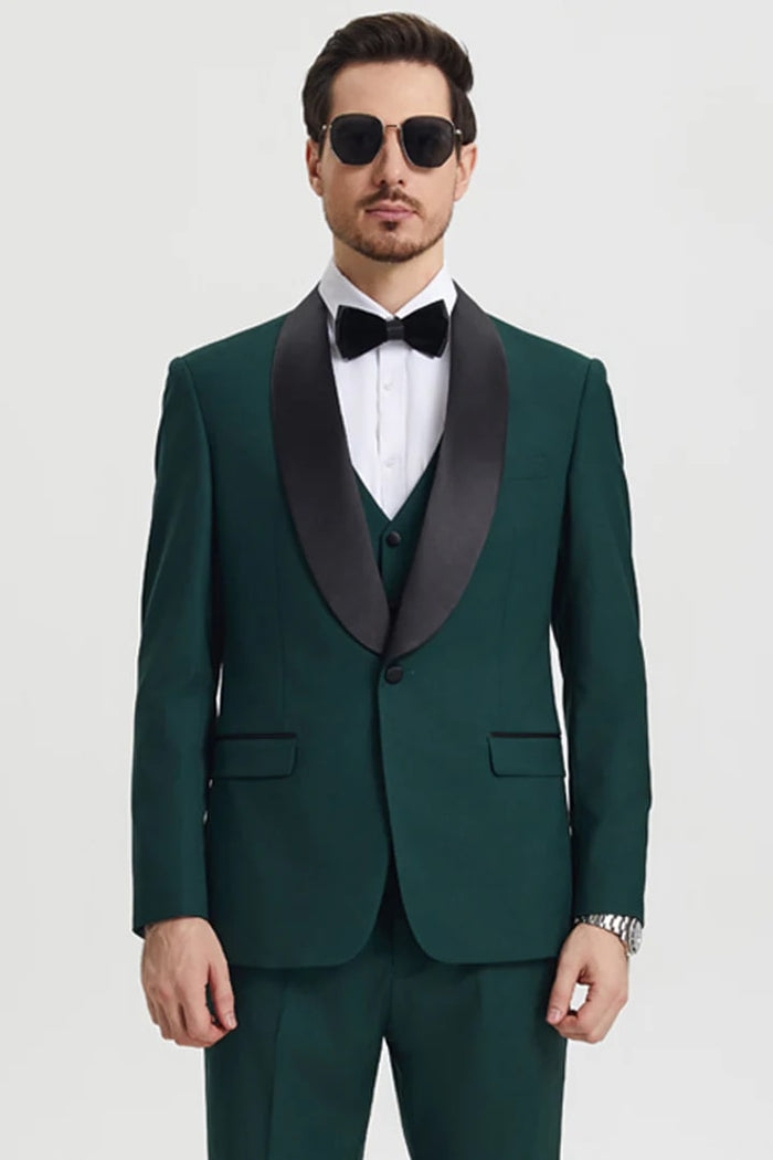 Green Prom Tuxedo Suit -Green Wedding Suit - Men's Stacy Adams Vested One Button Shawl Lapel Designer Tuxedo PROMTUXEDO