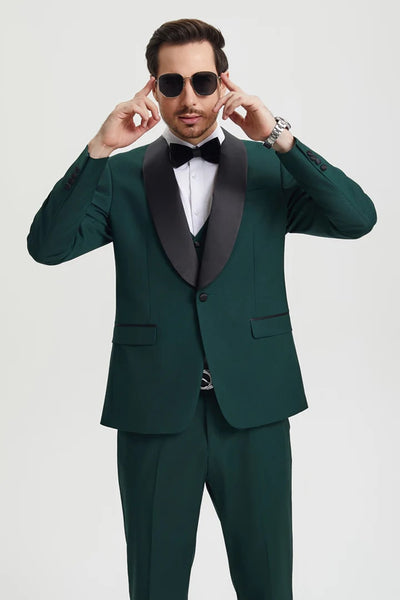 Green Prom Tuxedo Suit -Green Wedding Suit - Men's Stacy Adams Vested One Button Shawl Lapel Designer Tuxedo PROMTUXEDO