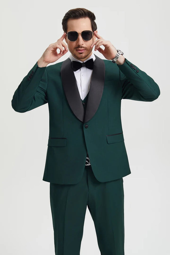 Green Prom Tuxedo Suit -Green Wedding Suit - Men's Stacy Adams Vested One Button Shawl Lapel Designer Tuxedo PROMTUXEDO