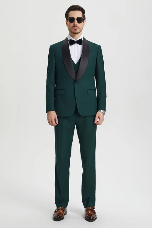 Green Prom Tuxedo Suit -Green Wedding Suit - Men's Stacy Adams Vested One Button Shawl Lapel Designer Tuxedo PROMTUXEDO