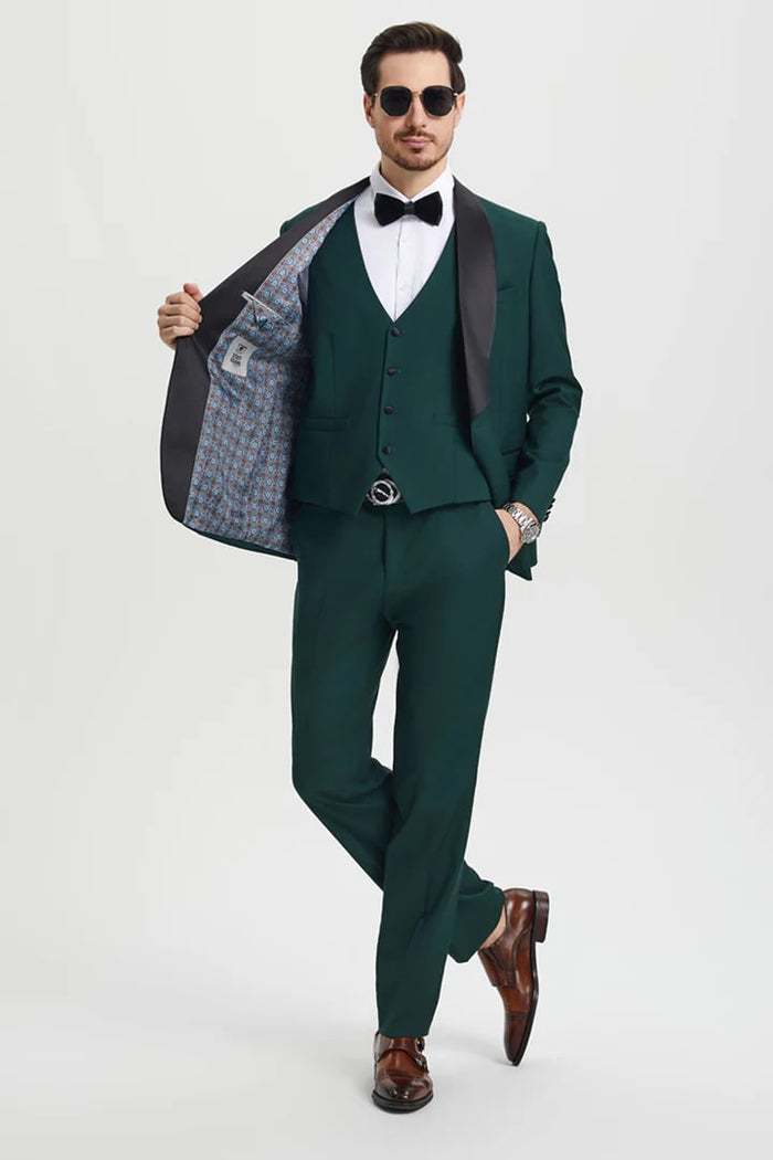 Green Prom Tuxedo Suit -Green Wedding Suit - Men's Stacy Adams Vested One Button Shawl Lapel Designer Tuxedo PROMTUXEDO