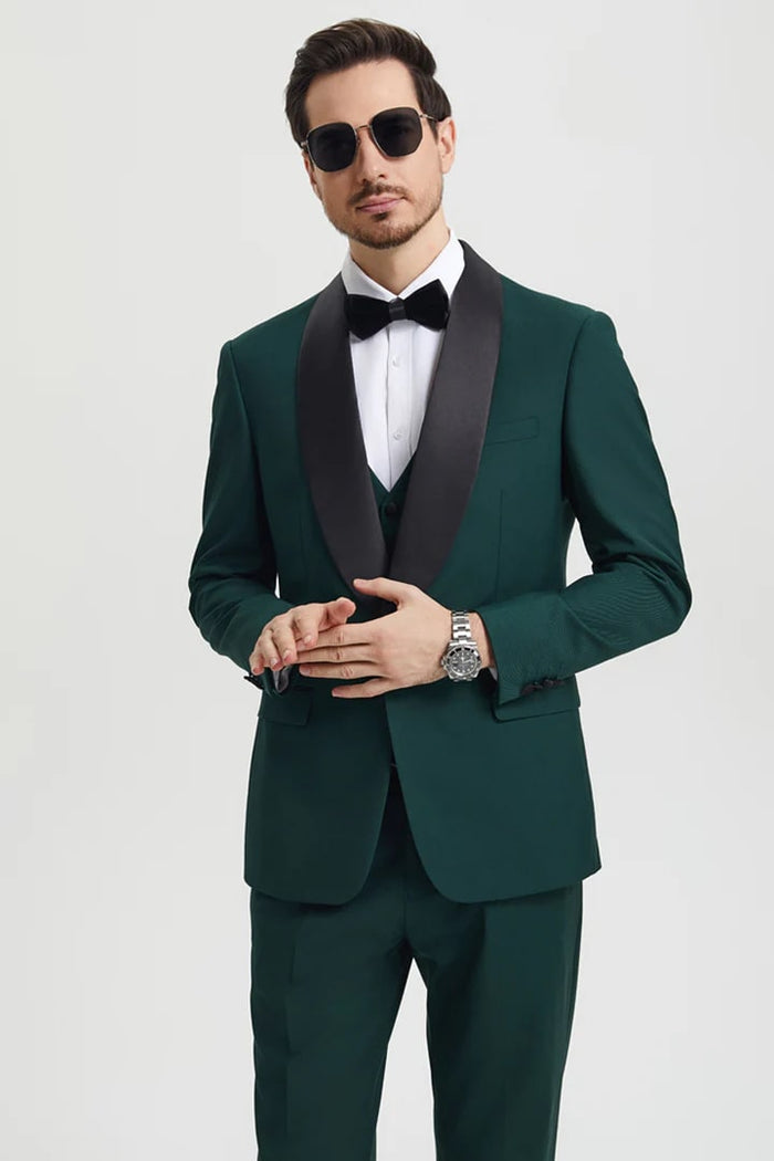 Green Prom Tuxedo Suit -Green Wedding Suit - Men's Stacy Adams Vested One Button Shawl Lapel Designer Tuxedo PROMTUXEDO