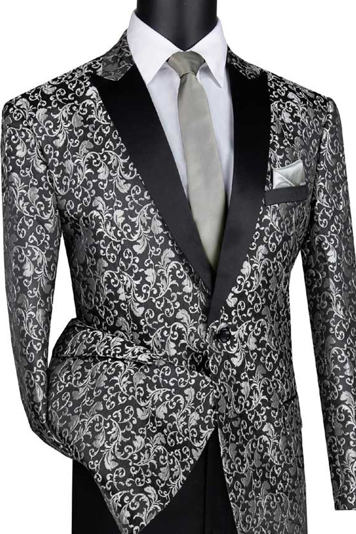 Silver  Prom Tuxedo Suit - Silver Wedding Suit - Mens Paisley Embroidered Regular Fit Sport Coat Tuxedo