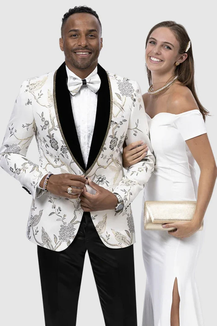 White /Black Prom Tuxedo Suit - White /Black Wedding Suit - Mens One Button White & Gold Tree Pattern Wedding Tuxedo Dinner Jacket by PROMTUXEDO
