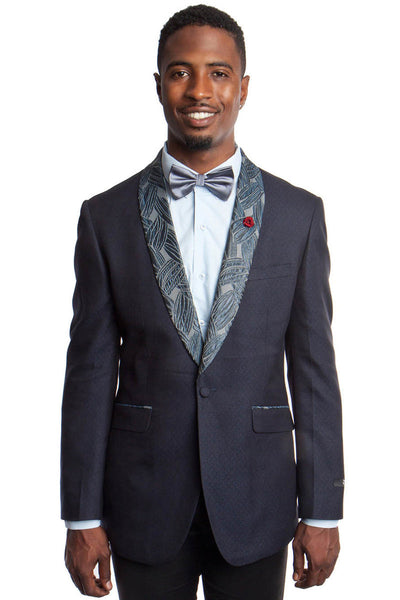 Men's Slim Fit Blue Dinner Jacket with Monochromatic Leaf Pattern
