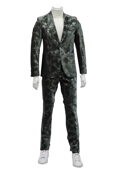 Mens 1 Button Slim Fit Faux Leather with Patch Pockets Green Suit