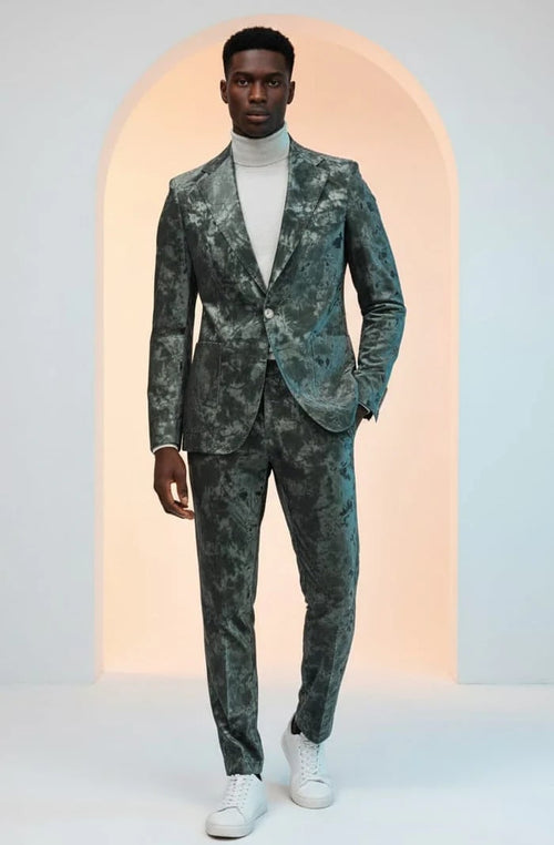Mens 1 Button Slim Fit Faux Leather with Patch Pockets Green Suit by USA Men's Outlet