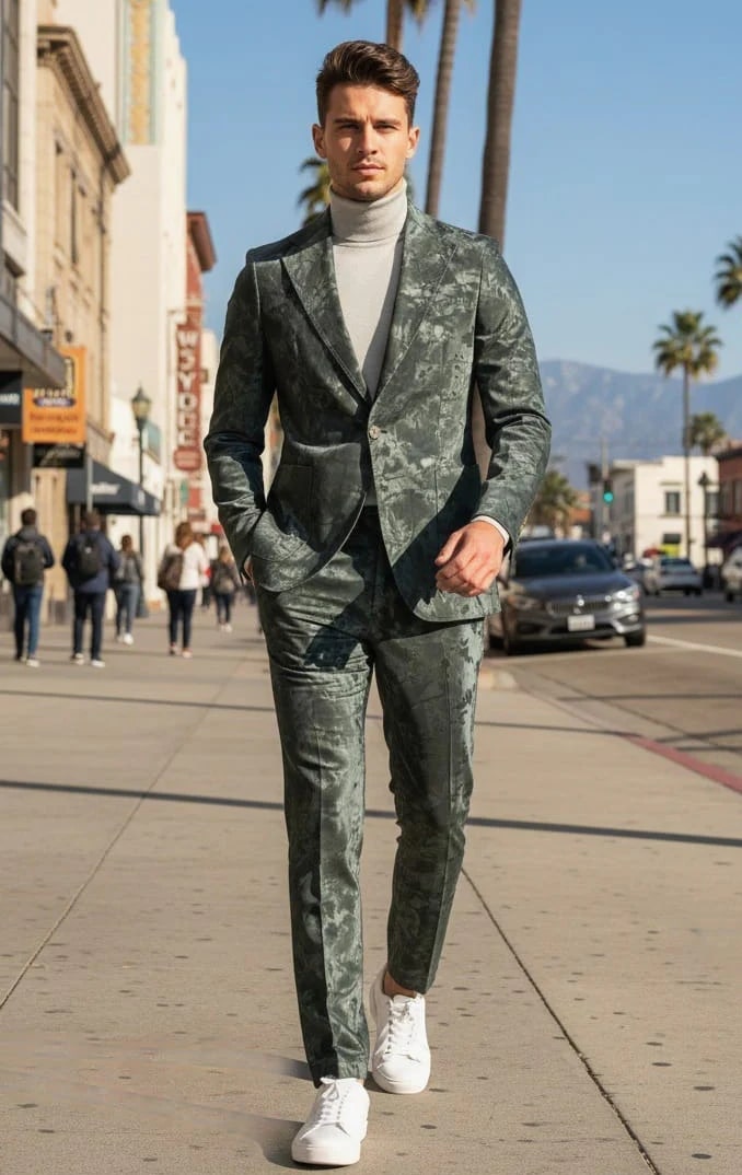 Mens 1 Button Slim Fit Faux Leather with Patch Pockets Green Suit by USA Men's Outlet