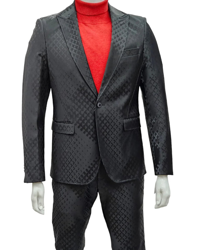 Mens One Button Peak Lapel Suit Black on Black by USA Men's Outlet