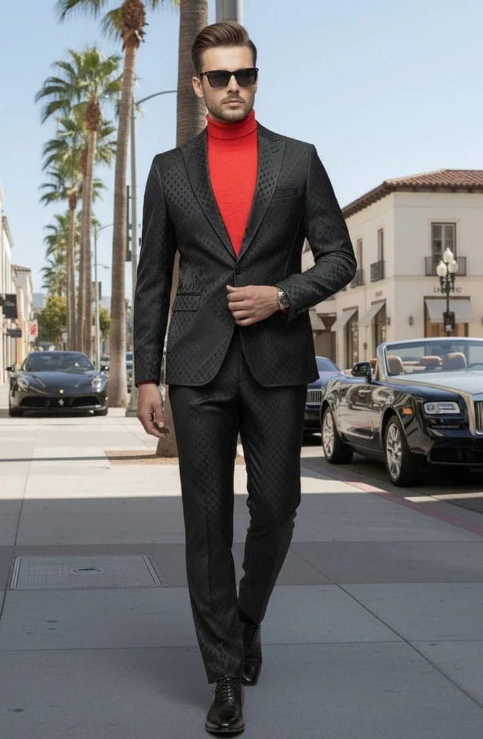 Mens One Button Peak Lapel Suit Black on Black by USA Men's Outlet